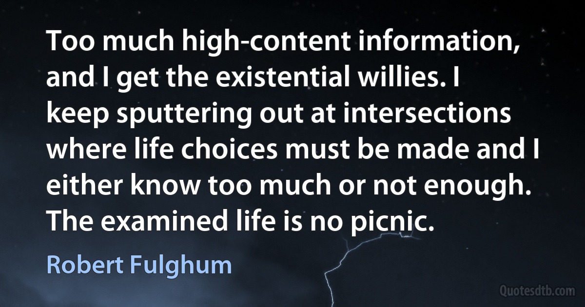 Too much high-content information, and I get the existential willies. I keep sputtering out at intersections where life choices must be made and I either know too much or not enough. The examined life is no picnic. (Robert Fulghum)