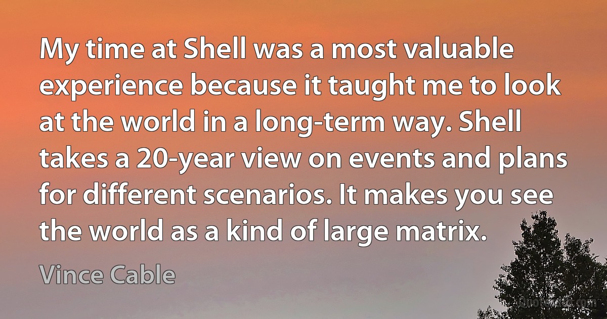 My time at Shell was a most valuable experience because it taught me to look at the world in a long-term way. Shell takes a 20-year view on events and plans for different scenarios. It makes you see the world as a kind of large matrix. (Vince Cable)