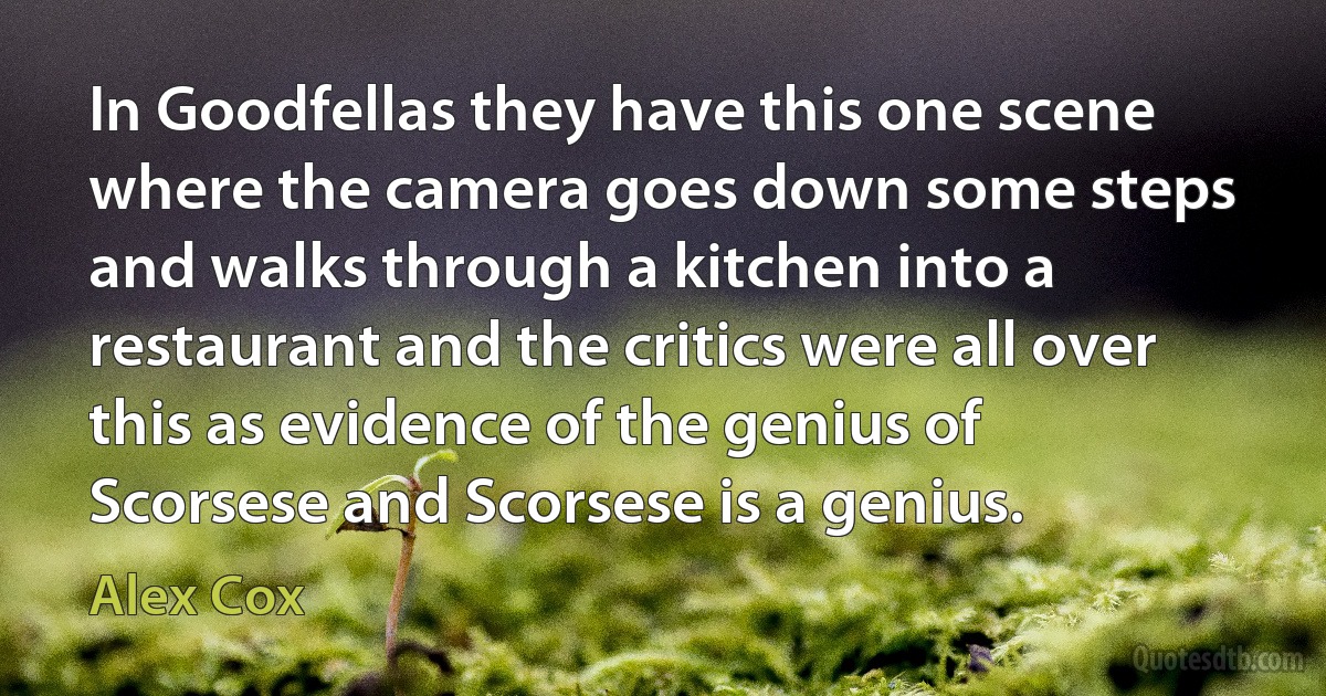 In Goodfellas they have this one scene where the camera goes down some steps and walks through a kitchen into a restaurant and the critics were all over this as evidence of the genius of Scorsese and Scorsese is a genius. (Alex Cox)