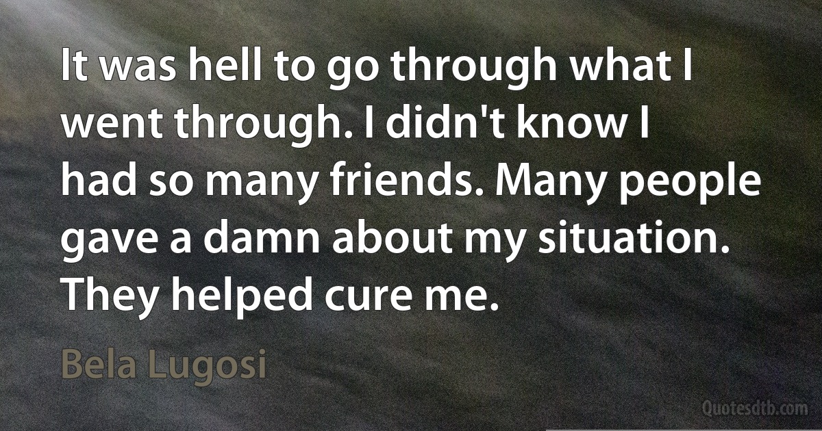 It was hell to go through what I went through. I didn't know I had so many friends. Many people gave a damn about my situation. They helped cure me. (Bela Lugosi)