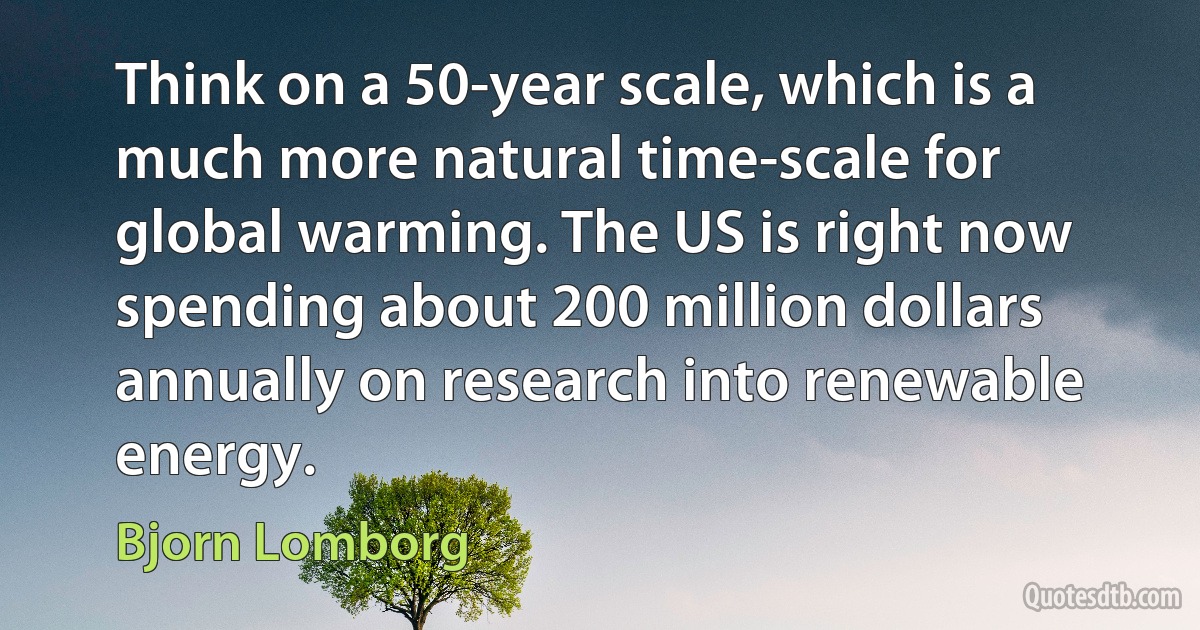 Think on a 50-year scale, which is a much more natural time-scale for global warming. The US is right now spending about 200 million dollars annually on research into renewable energy. (Bjorn Lomborg)