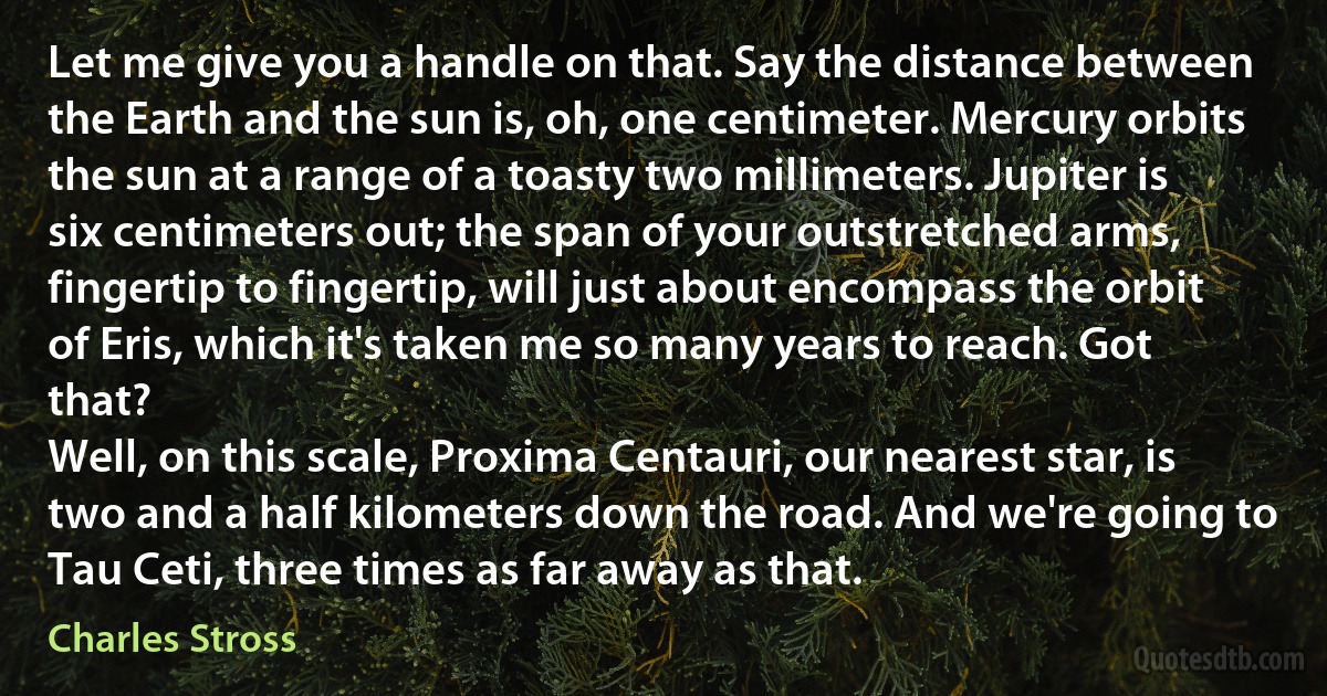 Let me give you a handle on that. Say the distance between the Earth and the sun is, oh, one centimeter. Mercury orbits the sun at a range of a toasty two millimeters. Jupiter is six centimeters out; the span of your outstretched arms, fingertip to fingertip, will just about encompass the orbit of Eris, which it's taken me so many years to reach. Got that?
Well, on this scale, Proxima Centauri, our nearest star, is two and a half kilometers down the road. And we're going to Tau Ceti, three times as far away as that. (Charles Stross)