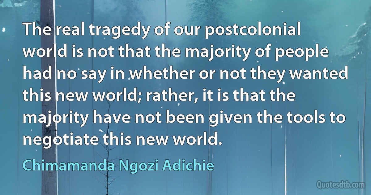 The real tragedy of our postcolonial world is not that the majority of people had no say in whether or not they wanted this new world; rather, it is that the majority have not been given the tools to negotiate this new world. (Chimamanda Ngozi Adichie)