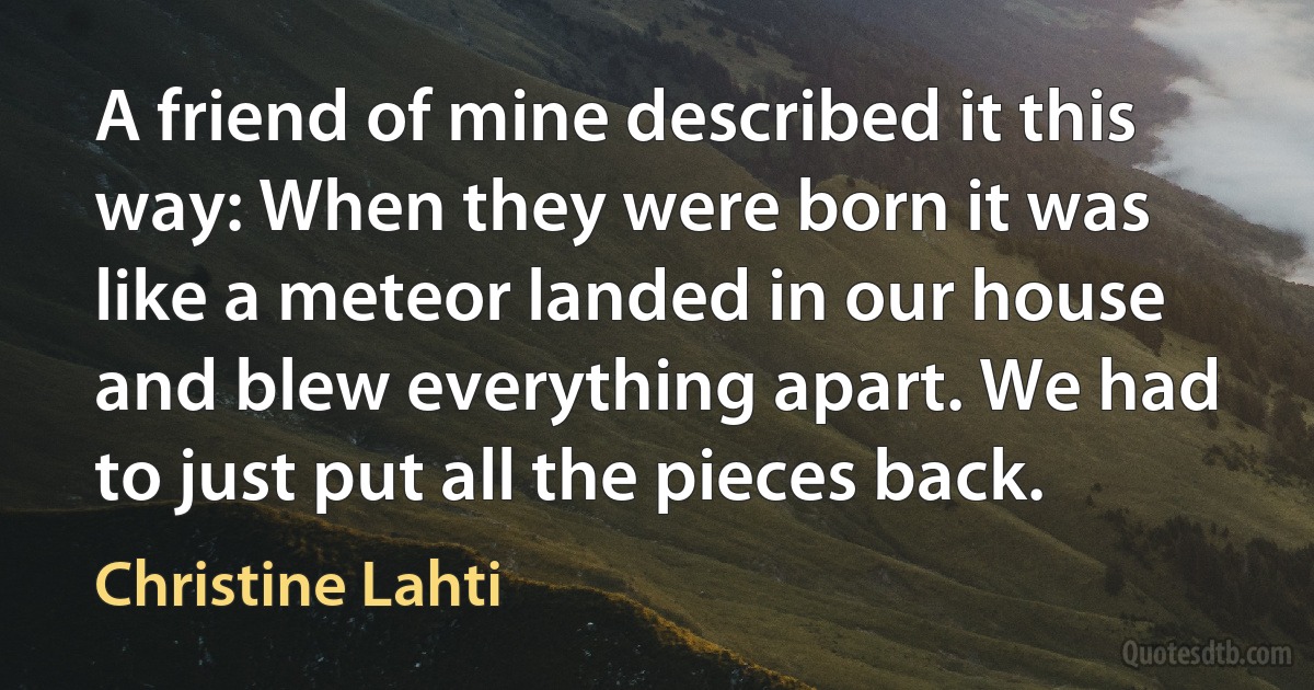 A friend of mine described it this way: When they were born it was like a meteor landed in our house and blew everything apart. We had to just put all the pieces back. (Christine Lahti)