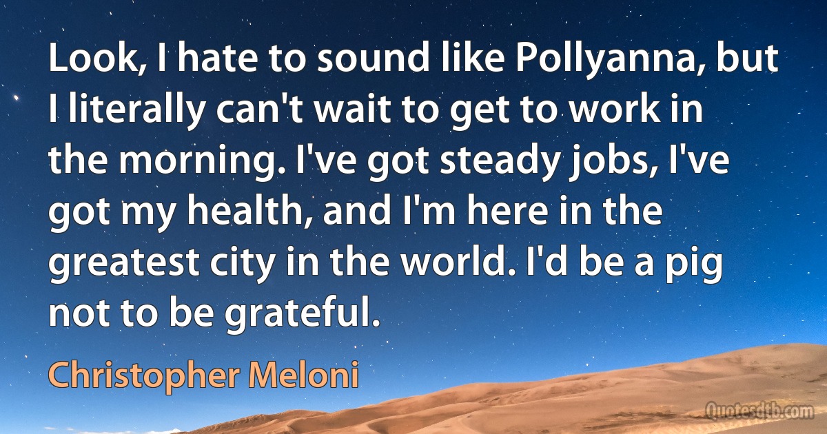 Look, I hate to sound like Pollyanna, but I literally can't wait to get to work in the morning. I've got steady jobs, I've got my health, and I'm here in the greatest city in the world. I'd be a pig not to be grateful. (Christopher Meloni)