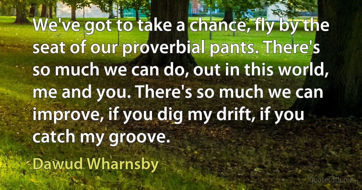 We've got to take a chance, fly by the seat of our proverbial pants. There's so much we can do, out in this world, me and you. There's so much we can improve, if you dig my drift, if you catch my groove. (Dawud Wharnsby)