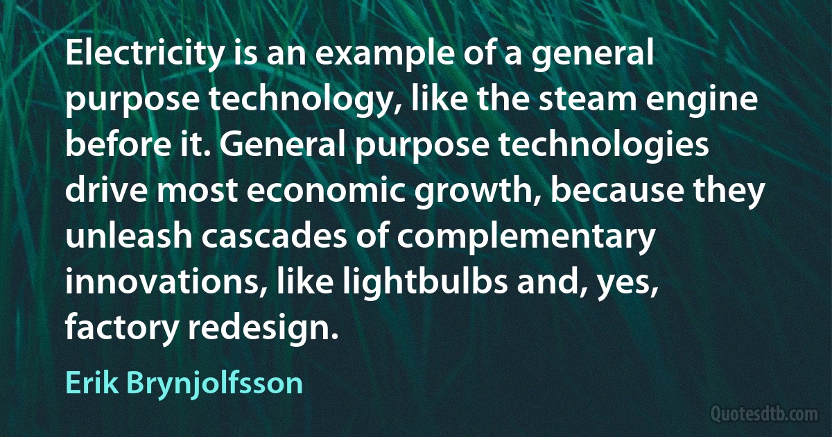 Electricity is an example of a general purpose technology, like the steam engine before it. General purpose technologies drive most economic growth, because they unleash cascades of complementary innovations, like lightbulbs and, yes, factory redesign. (Erik Brynjolfsson)