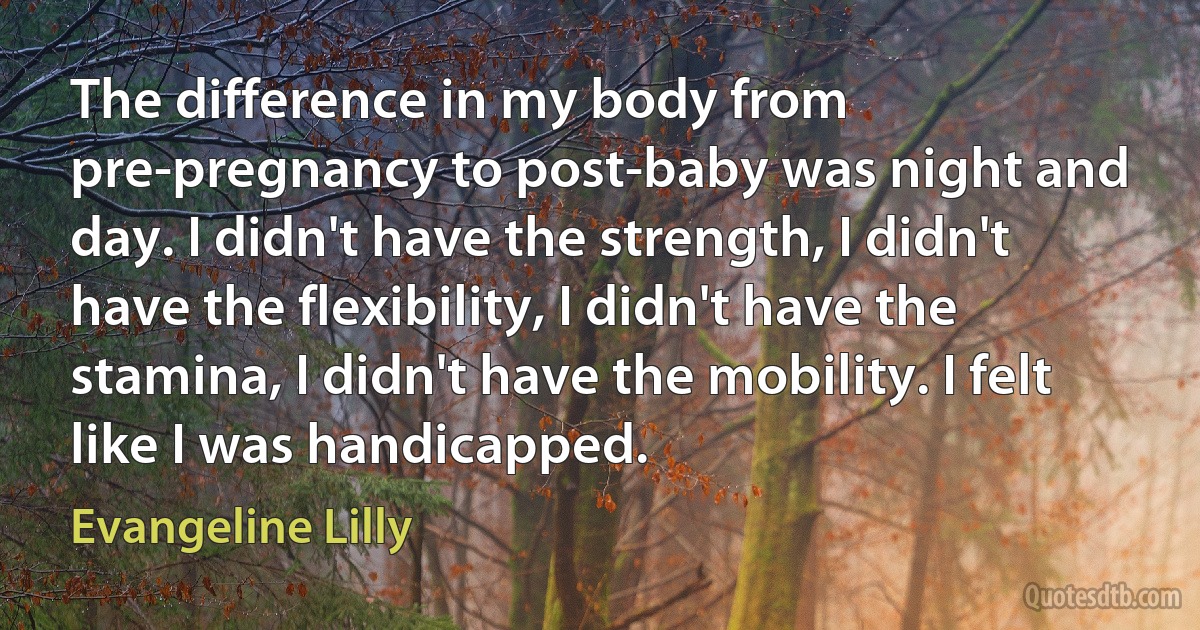 The difference in my body from pre-pregnancy to post-baby was night and day. I didn't have the strength, I didn't have the flexibility, I didn't have the stamina, I didn't have the mobility. I felt like I was handicapped. (Evangeline Lilly)