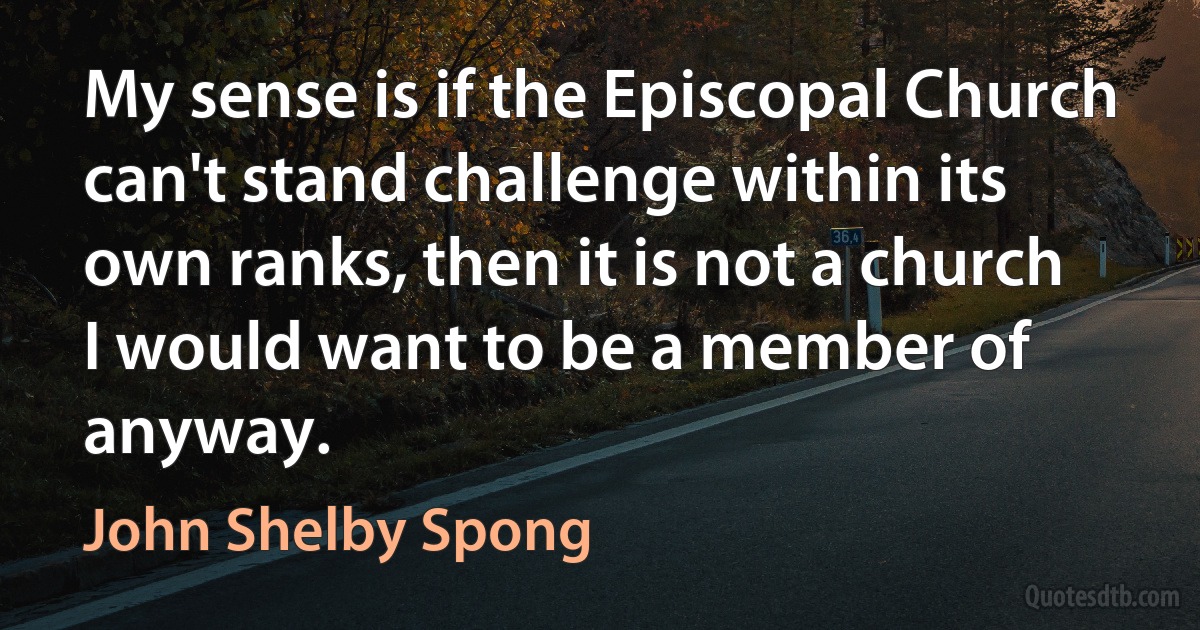 My sense is if the Episcopal Church can't stand challenge within its own ranks, then it is not a church I would want to be a member of anyway. (John Shelby Spong)