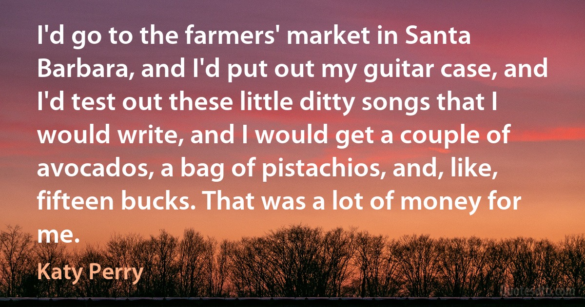 I'd go to the farmers' market in Santa Barbara, and I'd put out my guitar case, and I'd test out these little ditty songs that I would write, and I would get a couple of avocados, a bag of pistachios, and, like, fifteen bucks. That was a lot of money for me. (Katy Perry)