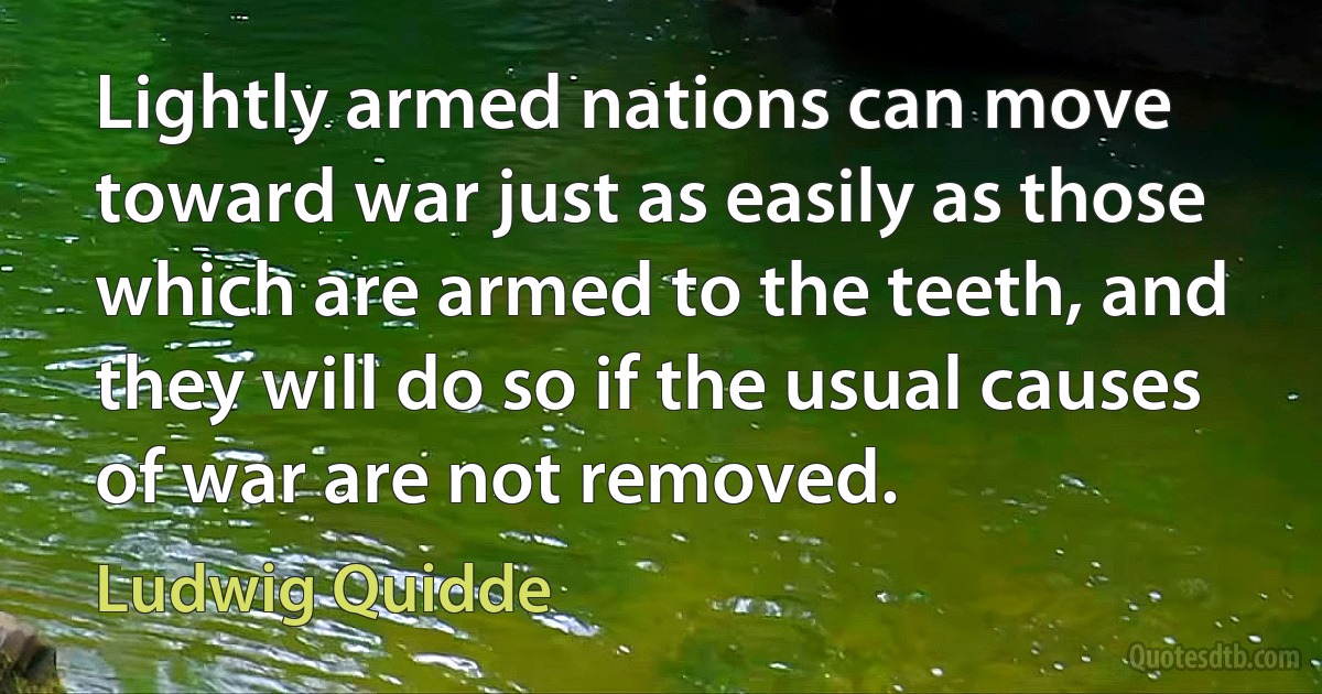 Lightly armed nations can move toward war just as easily as those which are armed to the teeth, and they will do so if the usual causes of war are not removed. (Ludwig Quidde)