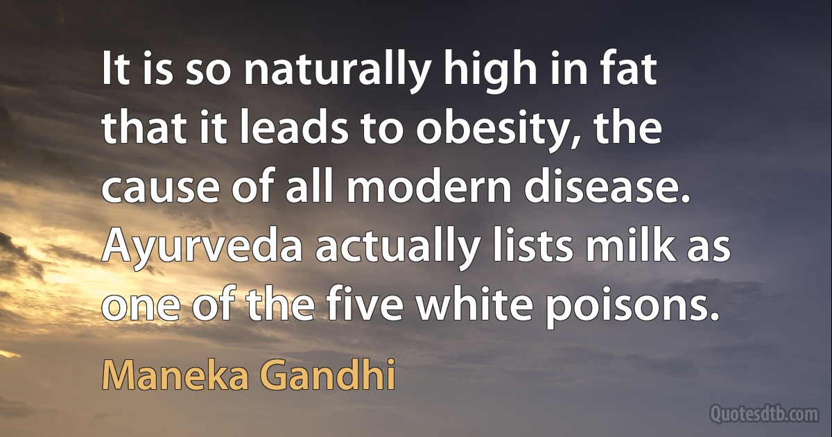 It is so naturally high in fat that it leads to obesity, the cause of all modern disease. Ayurveda actually lists milk as one of the five white poisons. (Maneka Gandhi)