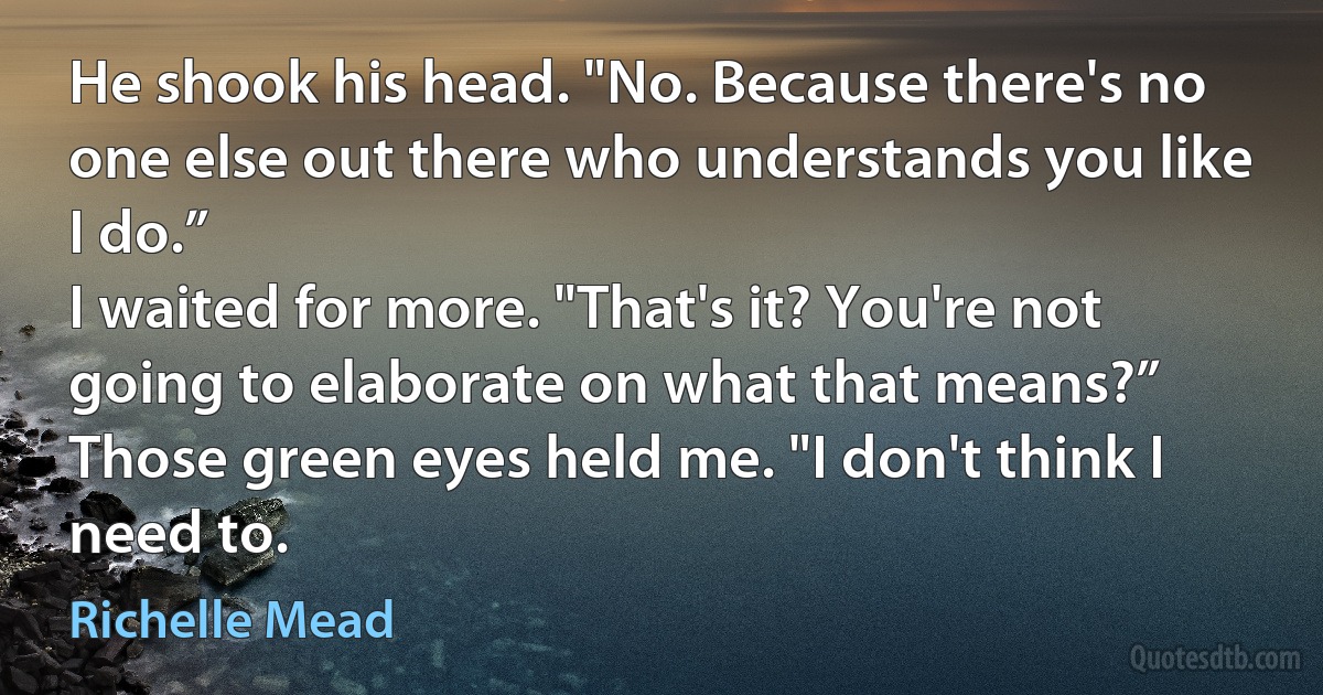 He shook his head. "No. Because there's no one else out there who understands you like I do.”
I waited for more. "That's it? You're not going to elaborate on what that means?”
Those green eyes held me. "I don't think I need to. (Richelle Mead)