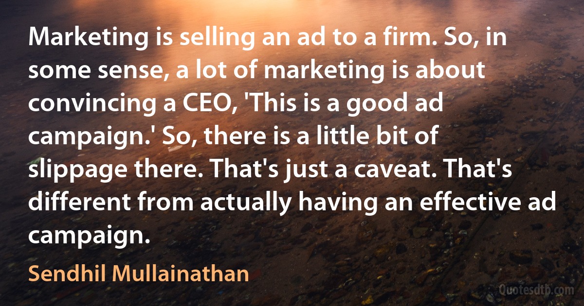 Marketing is selling an ad to a firm. So, in some sense, a lot of marketing is about convincing a CEO, 'This is a good ad campaign.' So, there is a little bit of slippage there. That's just a caveat. That's different from actually having an effective ad campaign. (Sendhil Mullainathan)