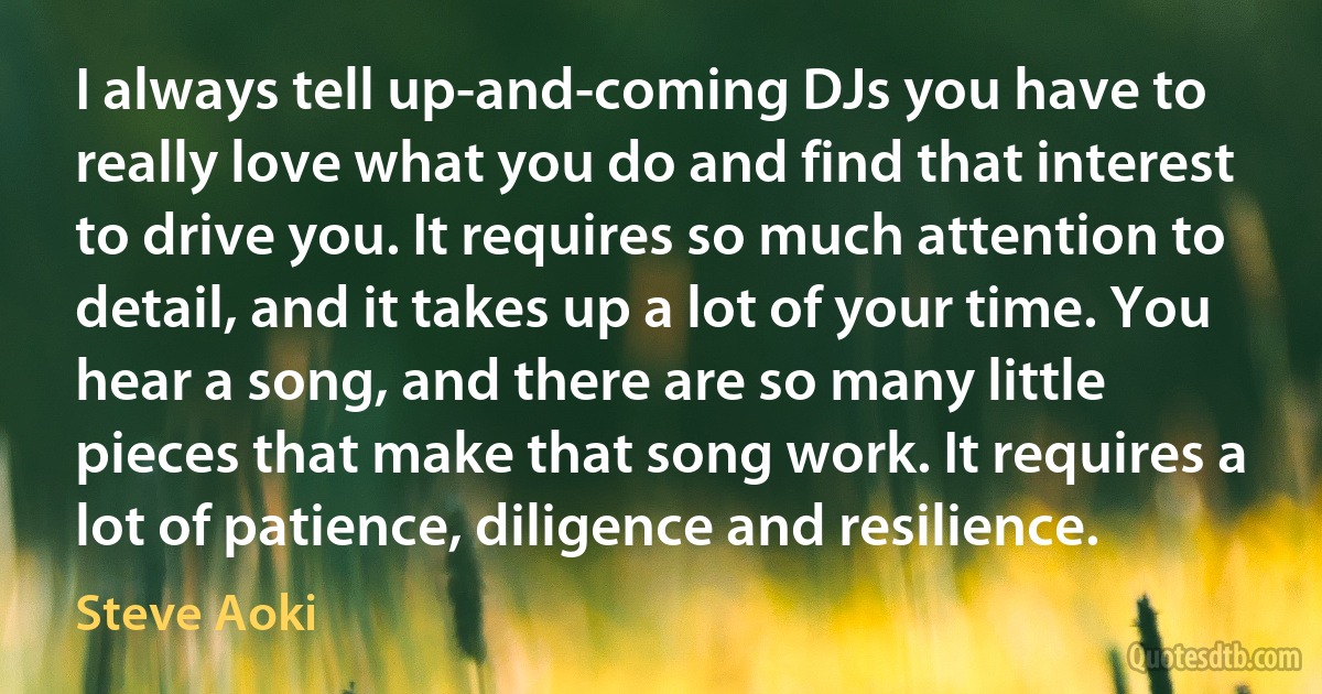 I always tell up-and-coming DJs you have to really love what you do and find that interest to drive you. It requires so much attention to detail, and it takes up a lot of your time. You hear a song, and there are so many little pieces that make that song work. It requires a lot of patience, diligence and resilience. (Steve Aoki)