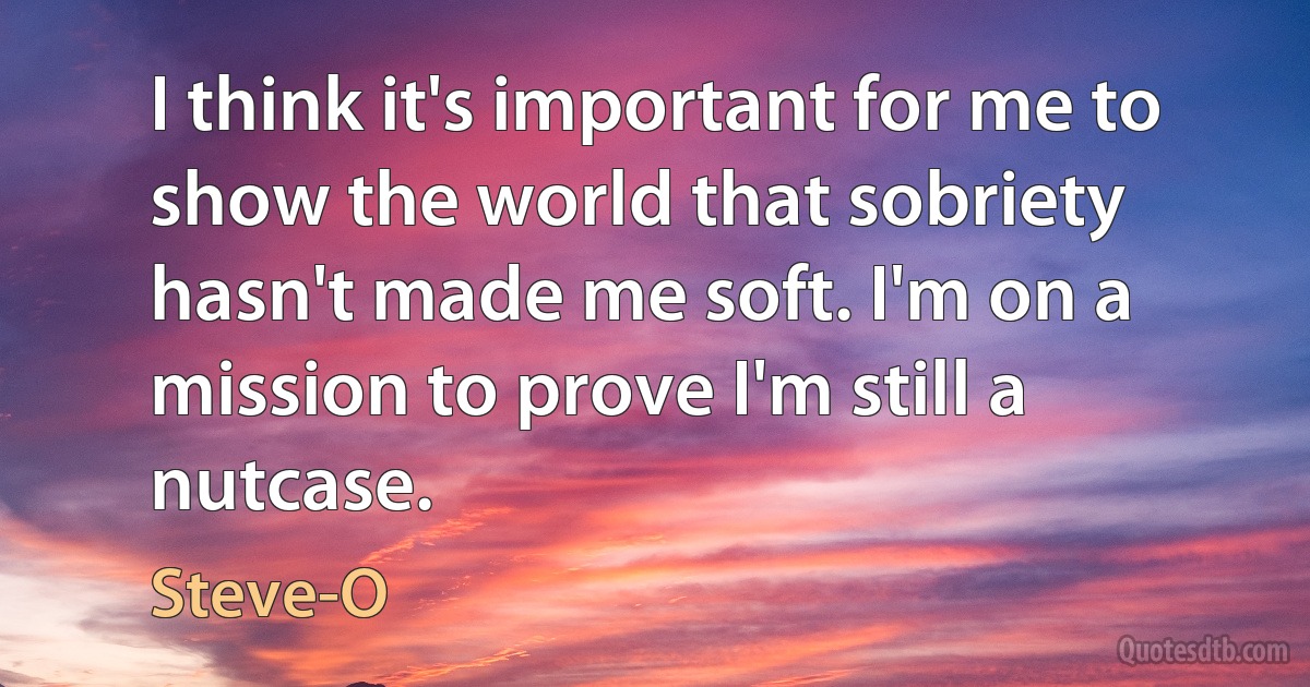 I think it's important for me to show the world that sobriety hasn't made me soft. I'm on a mission to prove I'm still a nutcase. (Steve-O)