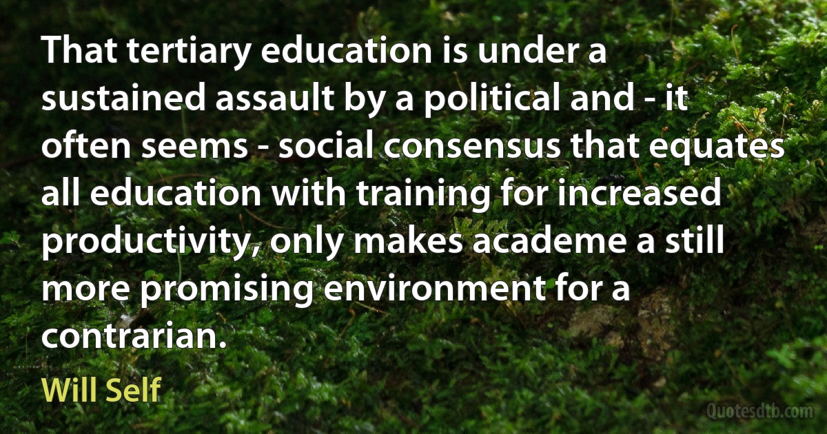 That tertiary education is under a sustained assault by a political and - it often seems - social consensus that equates all education with training for increased productivity, only makes academe a still more promising environment for a contrarian. (Will Self)