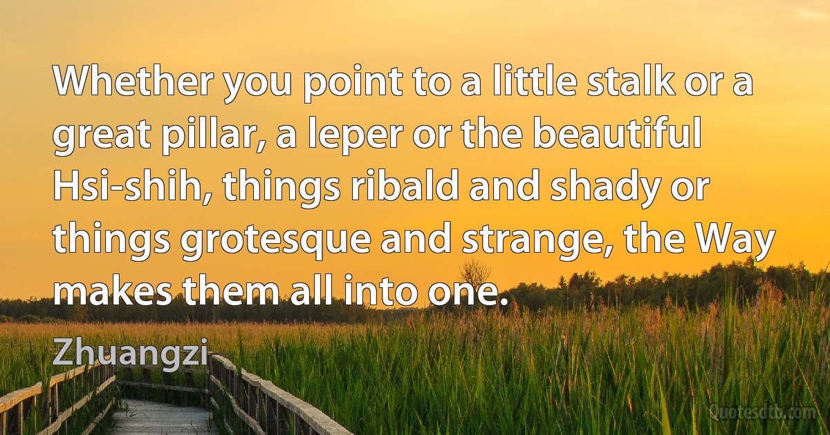 Whether you point to a little stalk or a great pillar, a leper or the beautiful Hsi-shih, things ribald and shady or things grotesque and strange, the Way makes them all into one. (Zhuangzi)