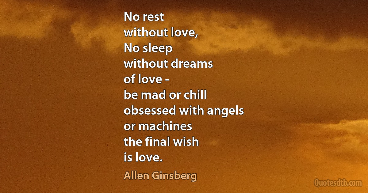 No rest
without love,
No sleep
without dreams
of love -
be mad or chill
obsessed with angels
or machines
the final wish
is love. (Allen Ginsberg)