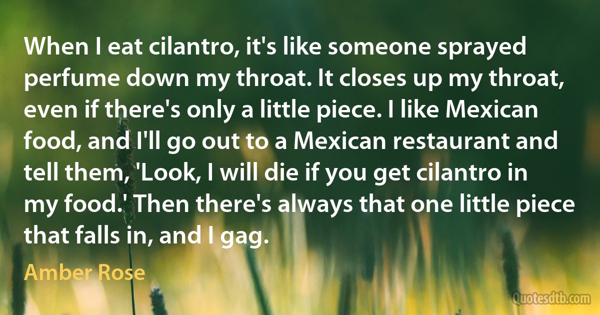 When I eat cilantro, it's like someone sprayed perfume down my throat. It closes up my throat, even if there's only a little piece. I like Mexican food, and I'll go out to a Mexican restaurant and tell them, 'Look, I will die if you get cilantro in my food.' Then there's always that one little piece that falls in, and I gag. (Amber Rose)