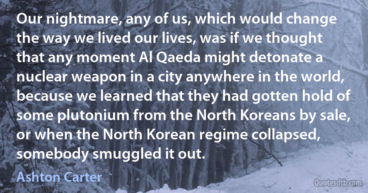 Our nightmare, any of us, which would change the way we lived our lives, was if we thought that any moment Al Qaeda might detonate a nuclear weapon in a city anywhere in the world, because we learned that they had gotten hold of some plutonium from the North Koreans by sale, or when the North Korean regime collapsed, somebody smuggled it out. (Ashton Carter)