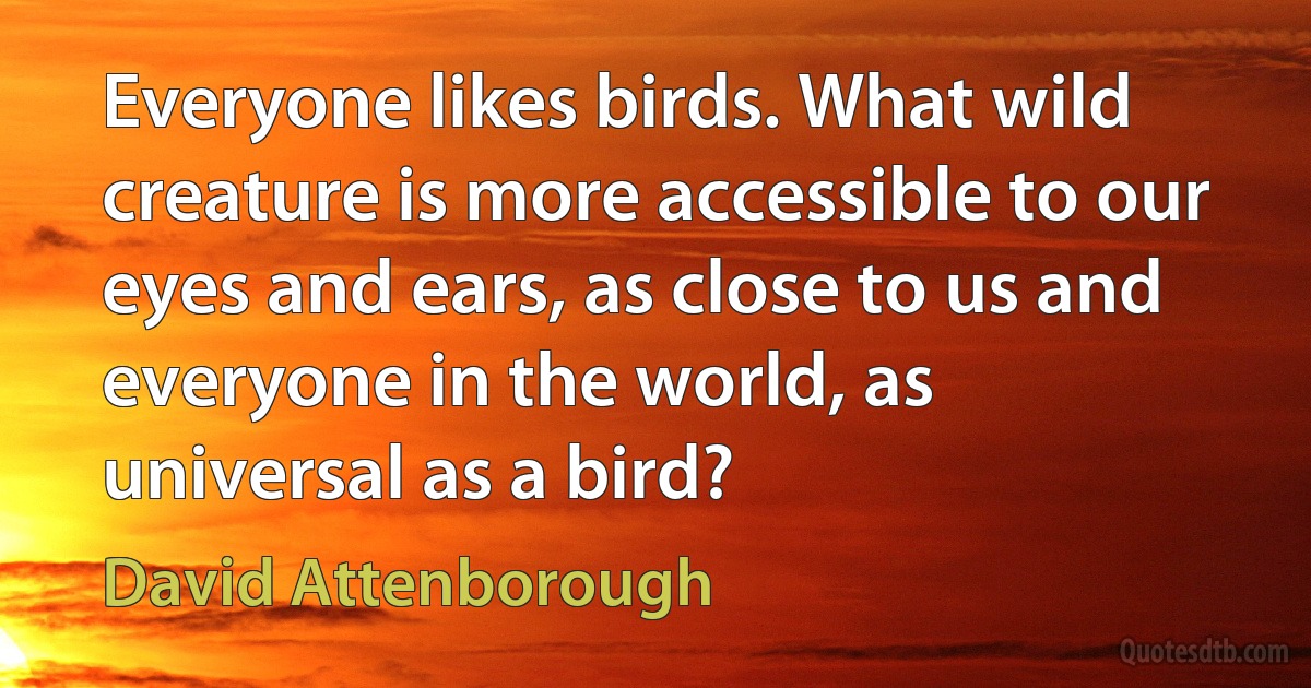 Everyone likes birds. What wild creature is more accessible to our eyes and ears, as close to us and everyone in the world, as universal as a bird? (David Attenborough)