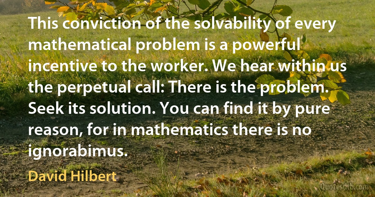 This conviction of the solvability of every mathematical problem is a powerful incentive to the worker. We hear within us the perpetual call: There is the problem. Seek its solution. You can find it by pure reason, for in mathematics there is no ignorabimus. (David Hilbert)