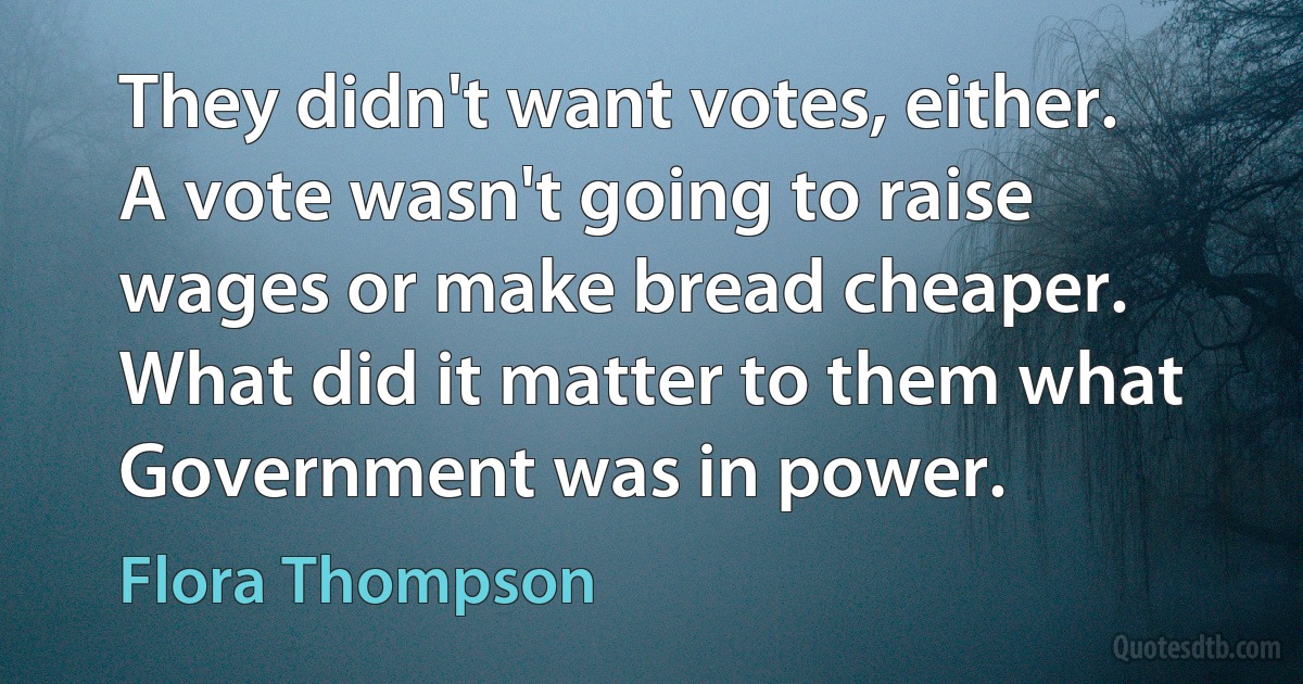 They didn't want votes, either. A vote wasn't going to raise wages or make bread cheaper. What did it matter to them what Government was in power. (Flora Thompson)