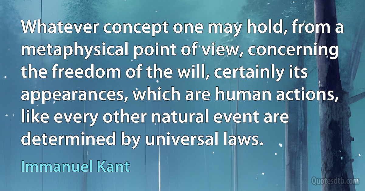 Whatever concept one may hold, from a metaphysical point of view, concerning the freedom of the will, certainly its appearances, which are human actions, like every other natural event are determined by universal laws. (Immanuel Kant)