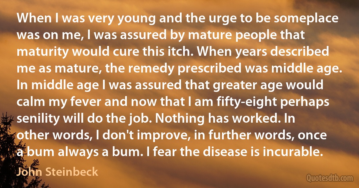 When I was very young and the urge to be someplace was on me, I was assured by mature people that maturity would cure this itch. When years described me as mature, the remedy prescribed was middle age. In middle age I was assured that greater age would calm my fever and now that I am fifty-eight perhaps senility will do the job. Nothing has worked. In other words, I don't improve, in further words, once a bum always a bum. I fear the disease is incurable. (John Steinbeck)