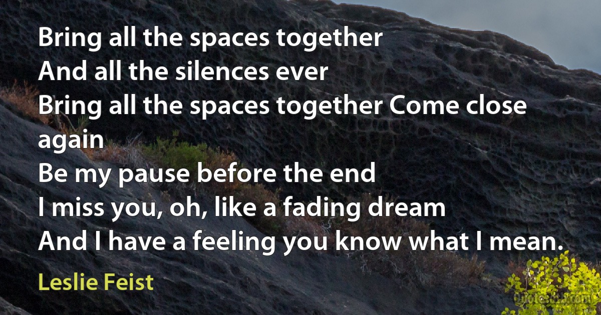 Bring all the spaces together
And all the silences ever
Bring all the spaces together Come close again
Be my pause before the end
I miss you, oh, like a fading dream
And I have a feeling you know what I mean. (Leslie Feist)