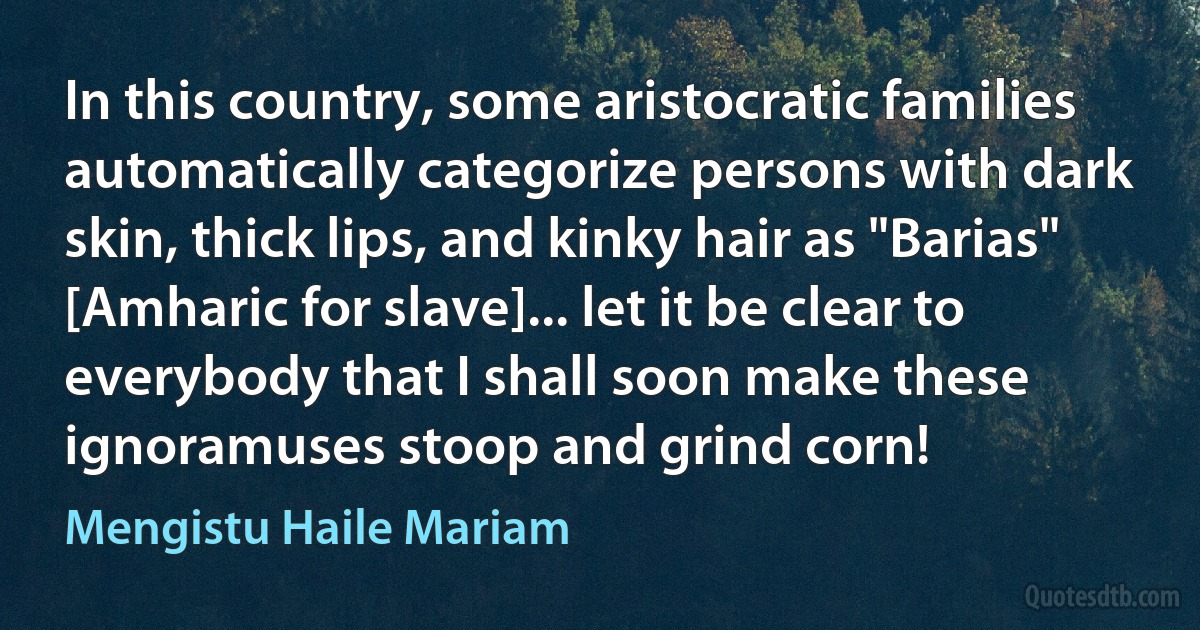 In this country, some aristocratic families automatically categorize persons with dark skin, thick lips, and kinky hair as "Barias" [Amharic for slave]... let it be clear to everybody that I shall soon make these ignoramuses stoop and grind corn! (Mengistu Haile Mariam)