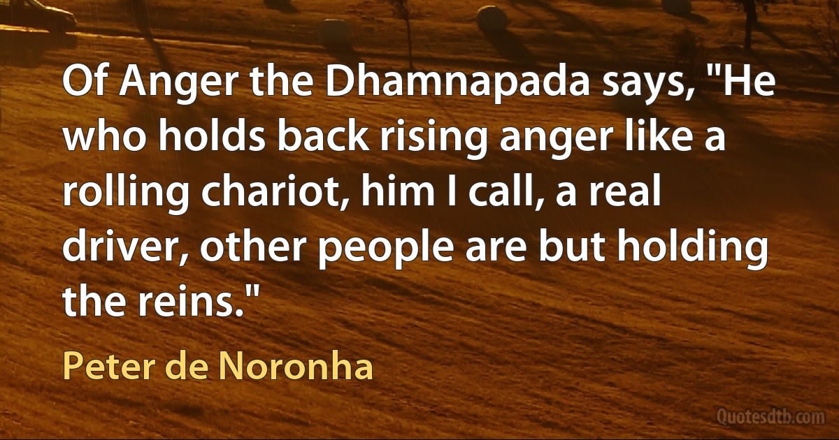 Of Anger the Dhamnapada says, "He who holds back rising anger like a rolling chariot, him I call, a real driver, other people are but holding the reins." (Peter de Noronha)