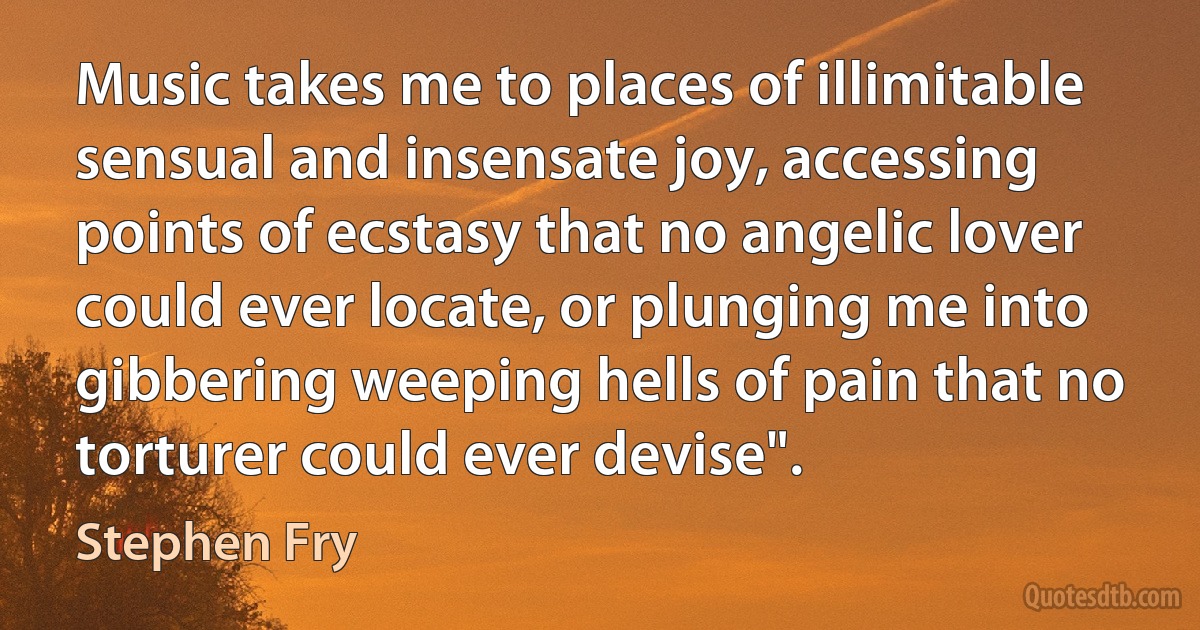 Music takes me to places of illimitable sensual and insensate joy, accessing points of ecstasy that no angelic lover could ever locate, or plunging me into gibbering weeping hells of pain that no torturer could ever devise". (Stephen Fry)