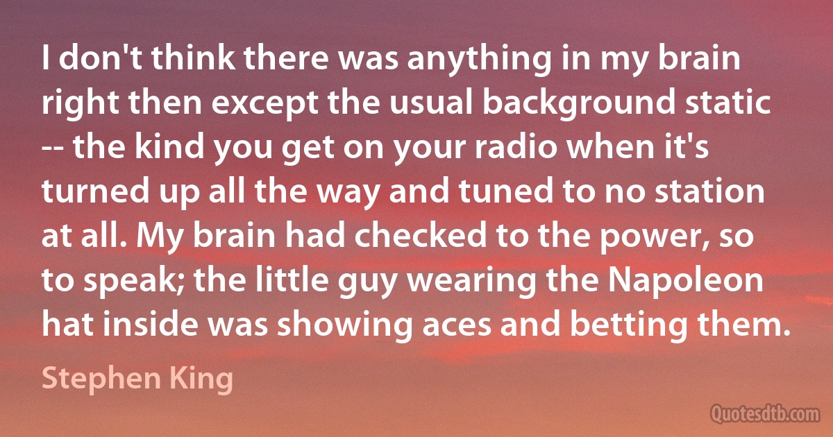 I don't think there was anything in my brain right then except the usual background static -- the kind you get on your radio when it's turned up all the way and tuned to no station at all. My brain had checked to the power, so to speak; the little guy wearing the Napoleon hat inside was showing aces and betting them. (Stephen King)