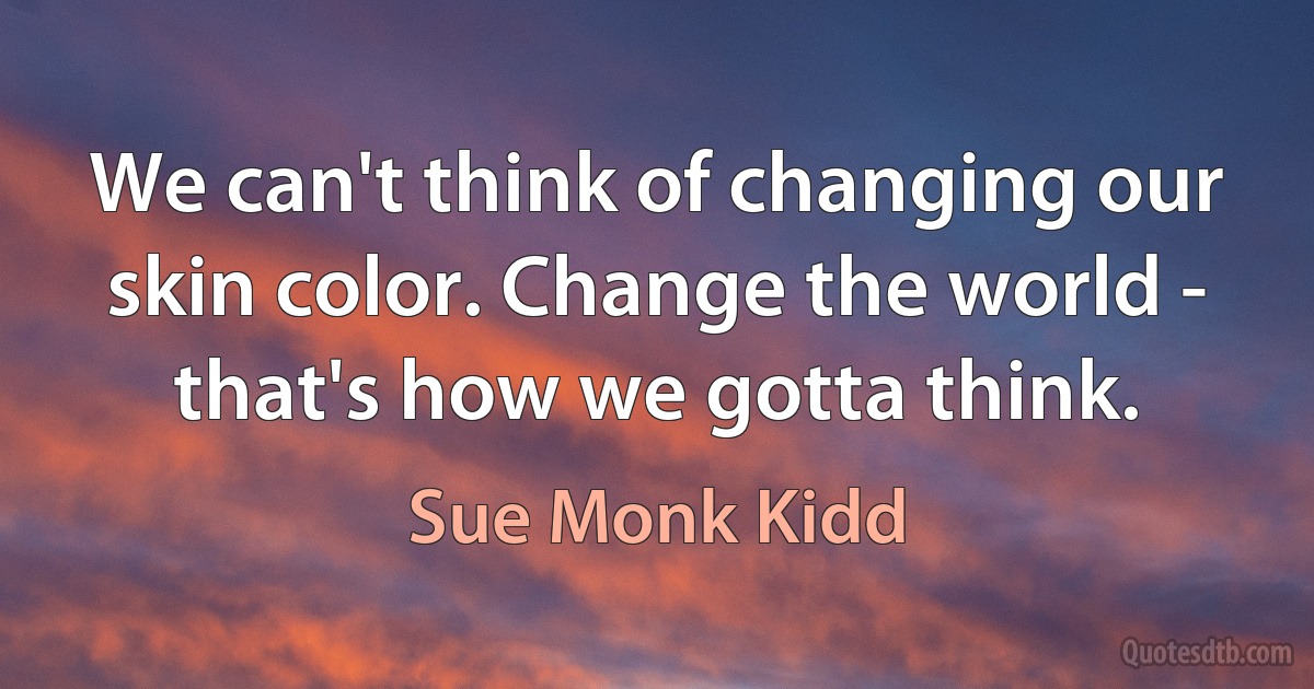 We can't think of changing our skin color. Change the world - that's how we gotta think. (Sue Monk Kidd)