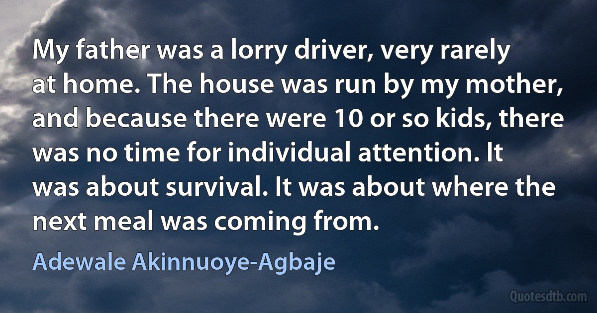 My father was a lorry driver, very rarely at home. The house was run by my mother, and because there were 10 or so kids, there was no time for individual attention. It was about survival. It was about where the next meal was coming from. (Adewale Akinnuoye-Agbaje)