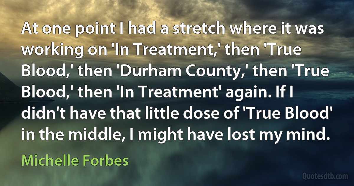 At one point I had a stretch where it was working on 'In Treatment,' then 'True Blood,' then 'Durham County,' then 'True Blood,' then 'In Treatment' again. If I didn't have that little dose of 'True Blood' in the middle, I might have lost my mind. (Michelle Forbes)