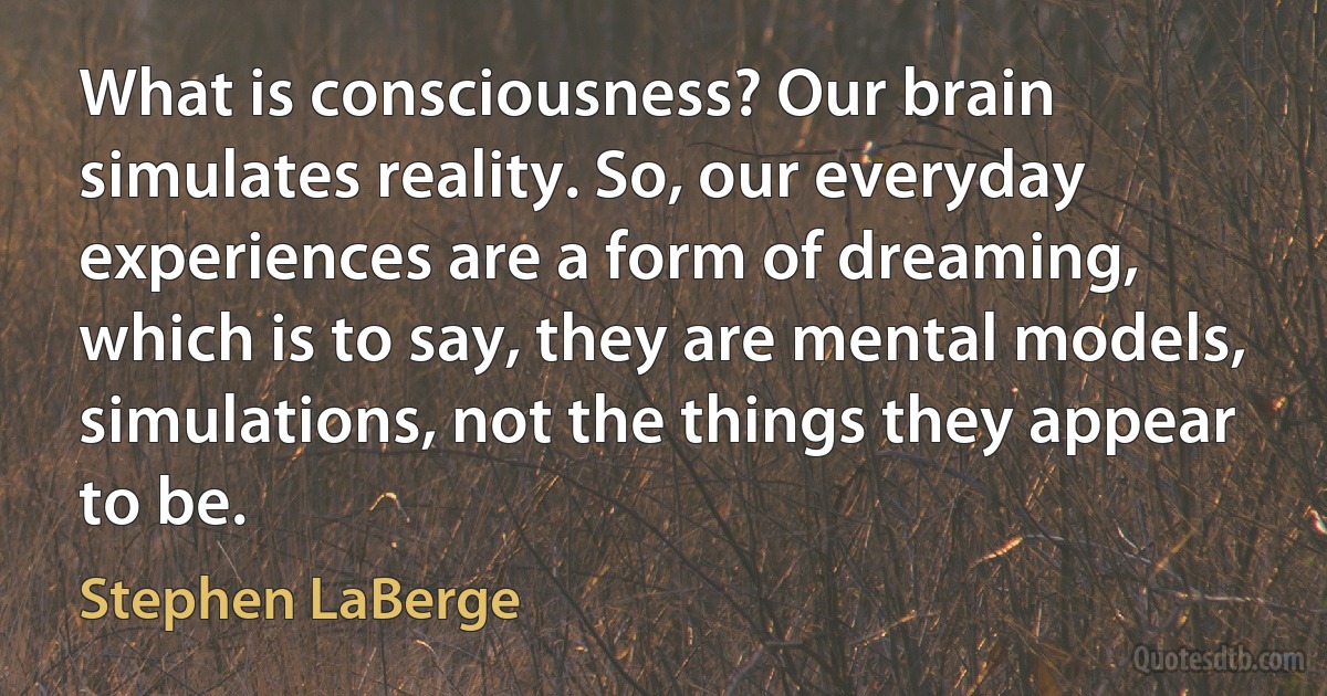 What is consciousness? Our brain simulates reality. So, our everyday experiences are a form of dreaming, which is to say, they are mental models, simulations, not the things they appear to be. (Stephen LaBerge)