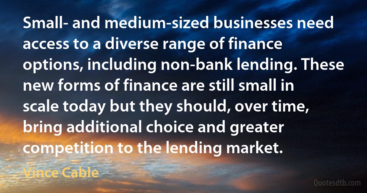 Small- and medium-sized businesses need access to a diverse range of finance options, including non-bank lending. These new forms of finance are still small in scale today but they should, over time, bring additional choice and greater competition to the lending market. (Vince Cable)