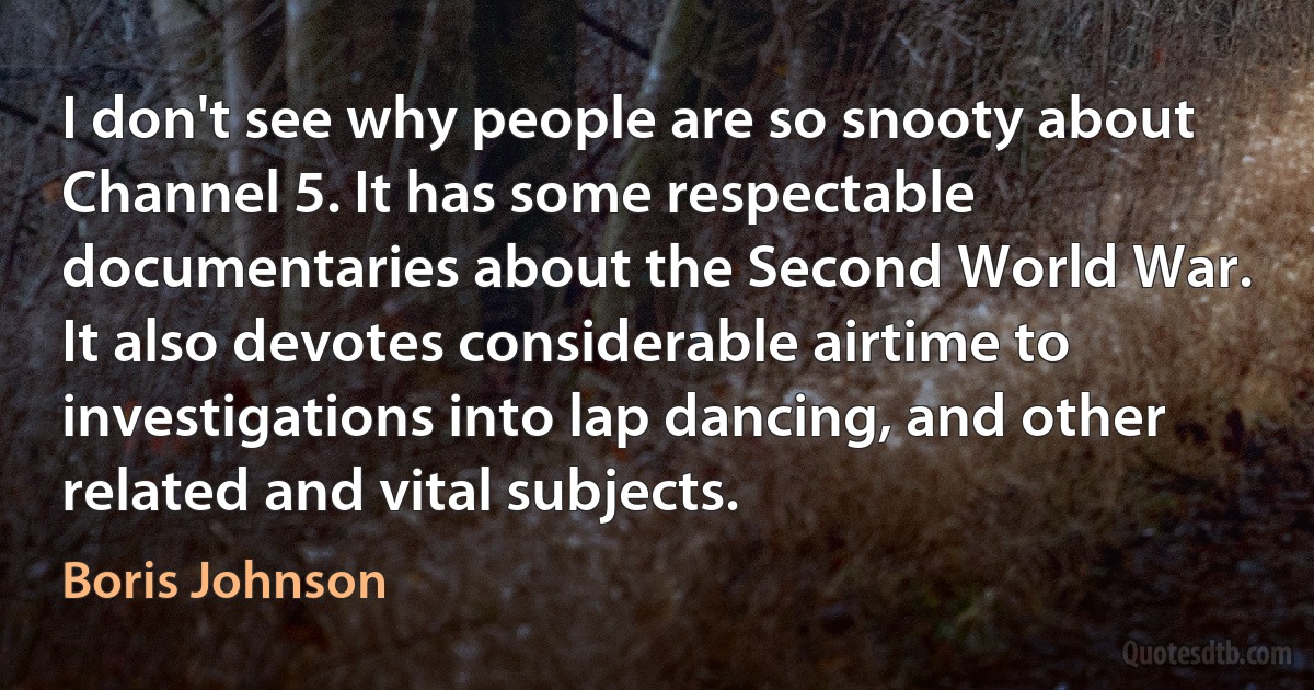 I don't see why people are so snooty about Channel 5. It has some respectable documentaries about the Second World War. It also devotes considerable airtime to investigations into lap dancing, and other related and vital subjects. (Boris Johnson)