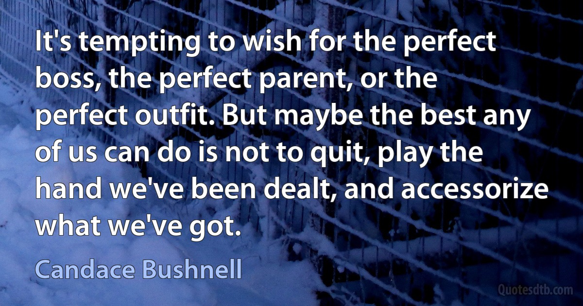 It's tempting to wish for the perfect boss, the perfect parent, or the perfect outfit. But maybe the best any of us can do is not to quit, play the hand we've been dealt, and accessorize what we've got. (Candace Bushnell)