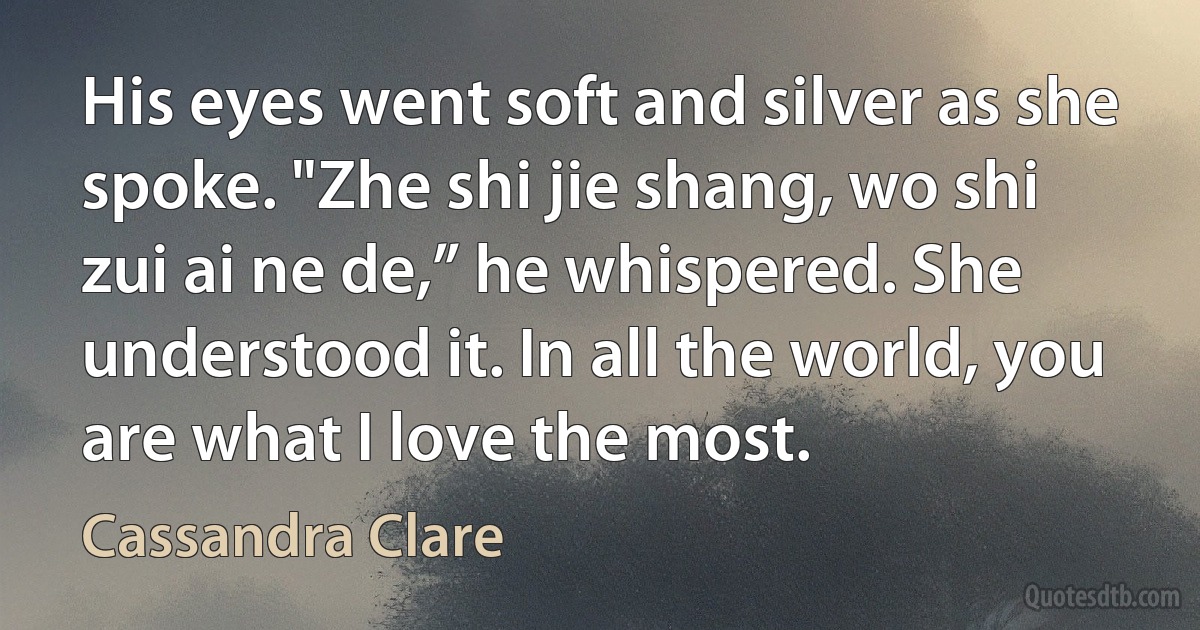 His eyes went soft and silver as she spoke. "Zhe shi jie shang, wo shi zui ai ne de,” he whispered. She understood it. In all the world, you are what I love the most. (Cassandra Clare)