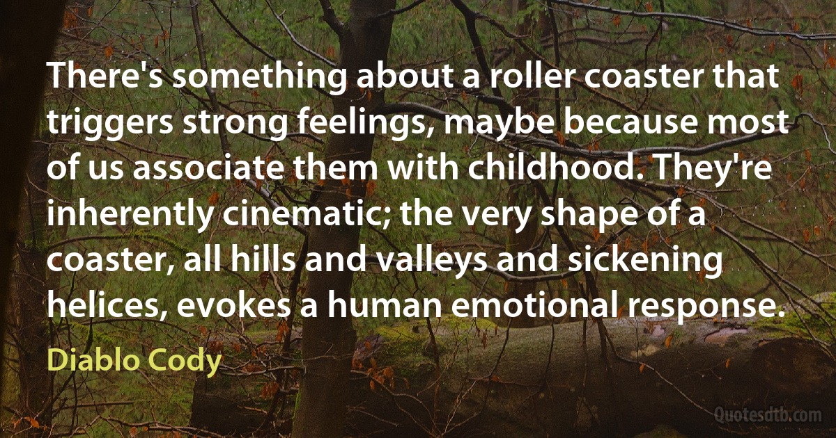 There's something about a roller coaster that triggers strong feelings, maybe because most of us associate them with childhood. They're inherently cinematic; the very shape of a coaster, all hills and valleys and sickening helices, evokes a human emotional response. (Diablo Cody)