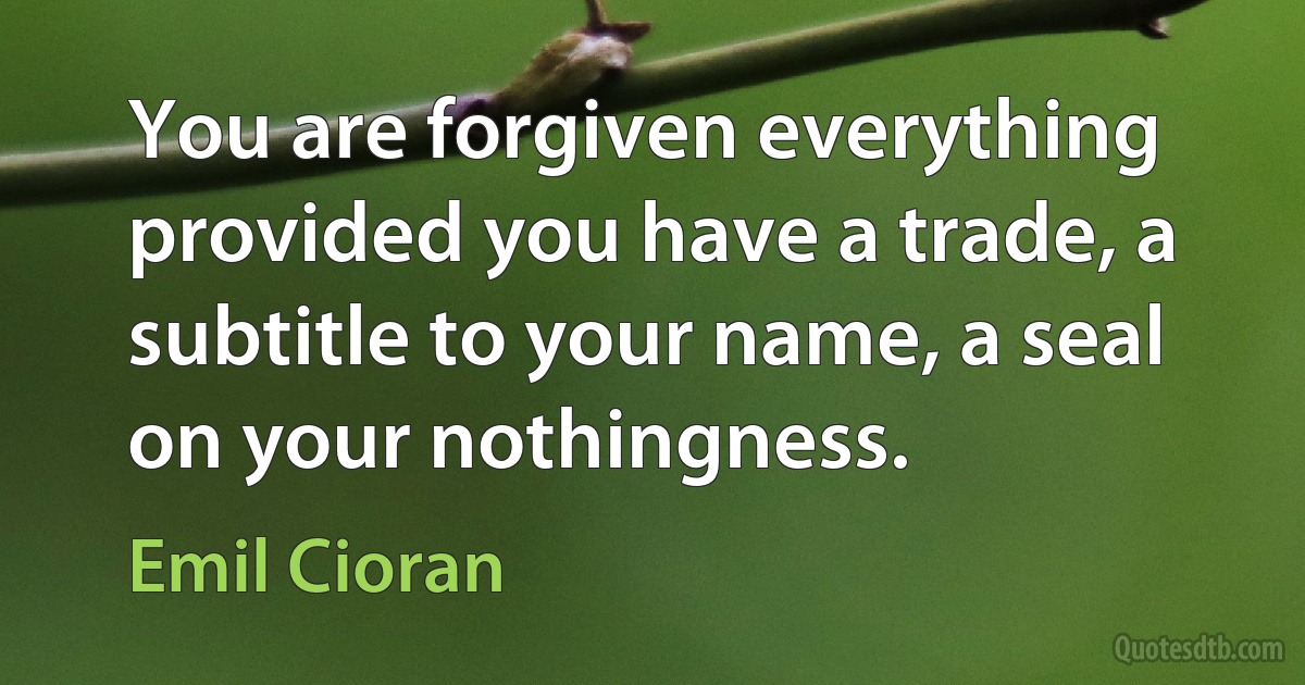 You are forgiven everything provided you have a trade, a subtitle to your name, a seal on your nothingness. (Emil Cioran)