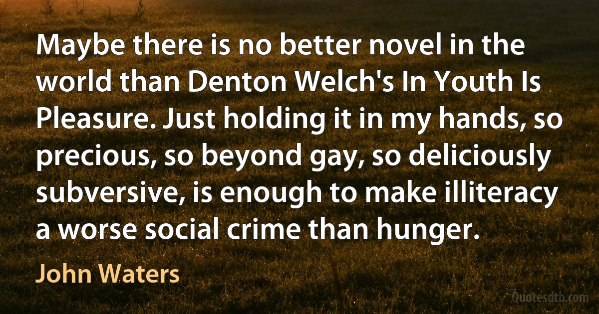 Maybe there is no better novel in the world than Denton Welch's In Youth Is Pleasure. Just holding it in my hands, so precious, so beyond gay, so deliciously subversive, is enough to make illiteracy a worse social crime than hunger. (John Waters)