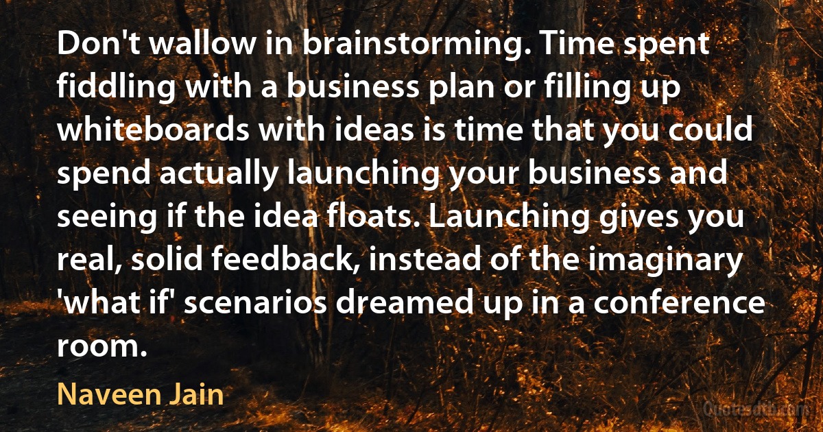 Don't wallow in brainstorming. Time spent fiddling with a business plan or filling up whiteboards with ideas is time that you could spend actually launching your business and seeing if the idea floats. Launching gives you real, solid feedback, instead of the imaginary 'what if' scenarios dreamed up in a conference room. (Naveen Jain)