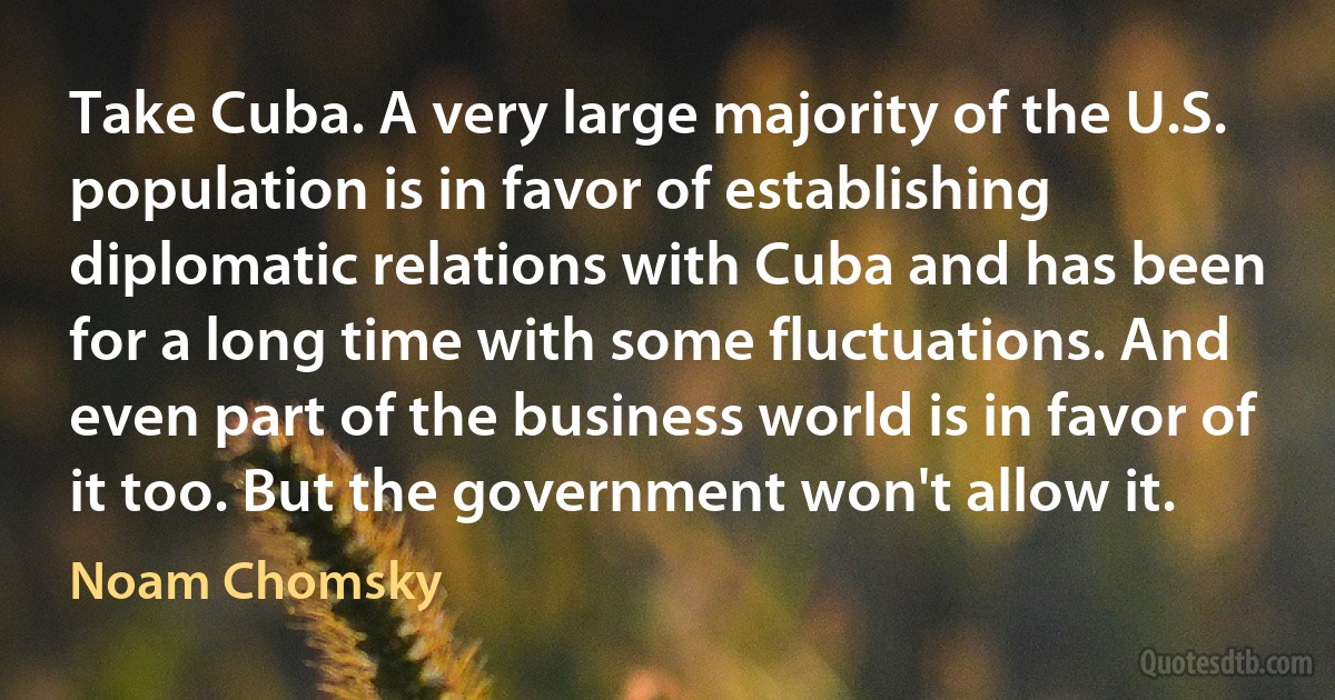 Take Cuba. A very large majority of the U.S. population is in favor of establishing diplomatic relations with Cuba and has been for a long time with some fluctuations. And even part of the business world is in favor of it too. But the government won't allow it. (Noam Chomsky)