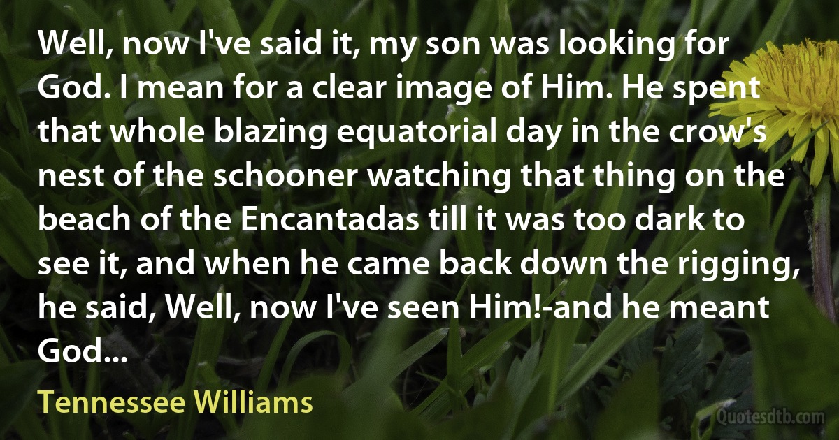 Well, now I've said it, my son was looking for God. I mean for a clear image of Him. He spent that whole blazing equatorial day in the crow's nest of the schooner watching that thing on the beach of the Encantadas till it was too dark to see it, and when he came back down the rigging, he said, Well, now I've seen Him!-and he meant God... (Tennessee Williams)