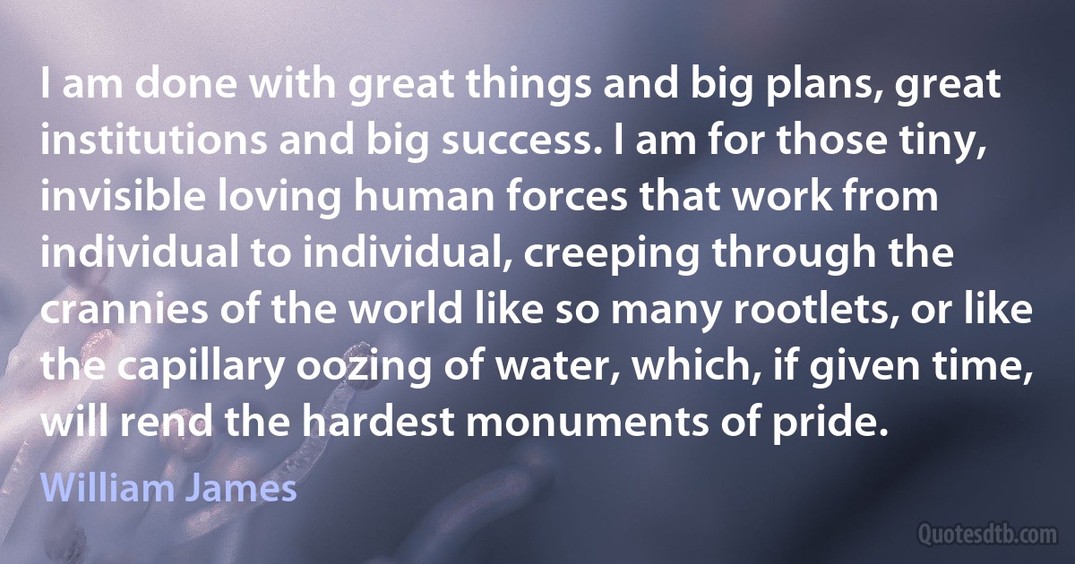 I am done with great things and big plans, great institutions and big success. I am for those tiny, invisible loving human forces that work from individual to individual, creeping through the crannies of the world like so many rootlets, or like the capillary oozing of water, which, if given time, will rend the hardest monuments of pride. (William James)